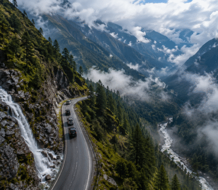 Mountain roads and waterfalls on Adi Kailash route